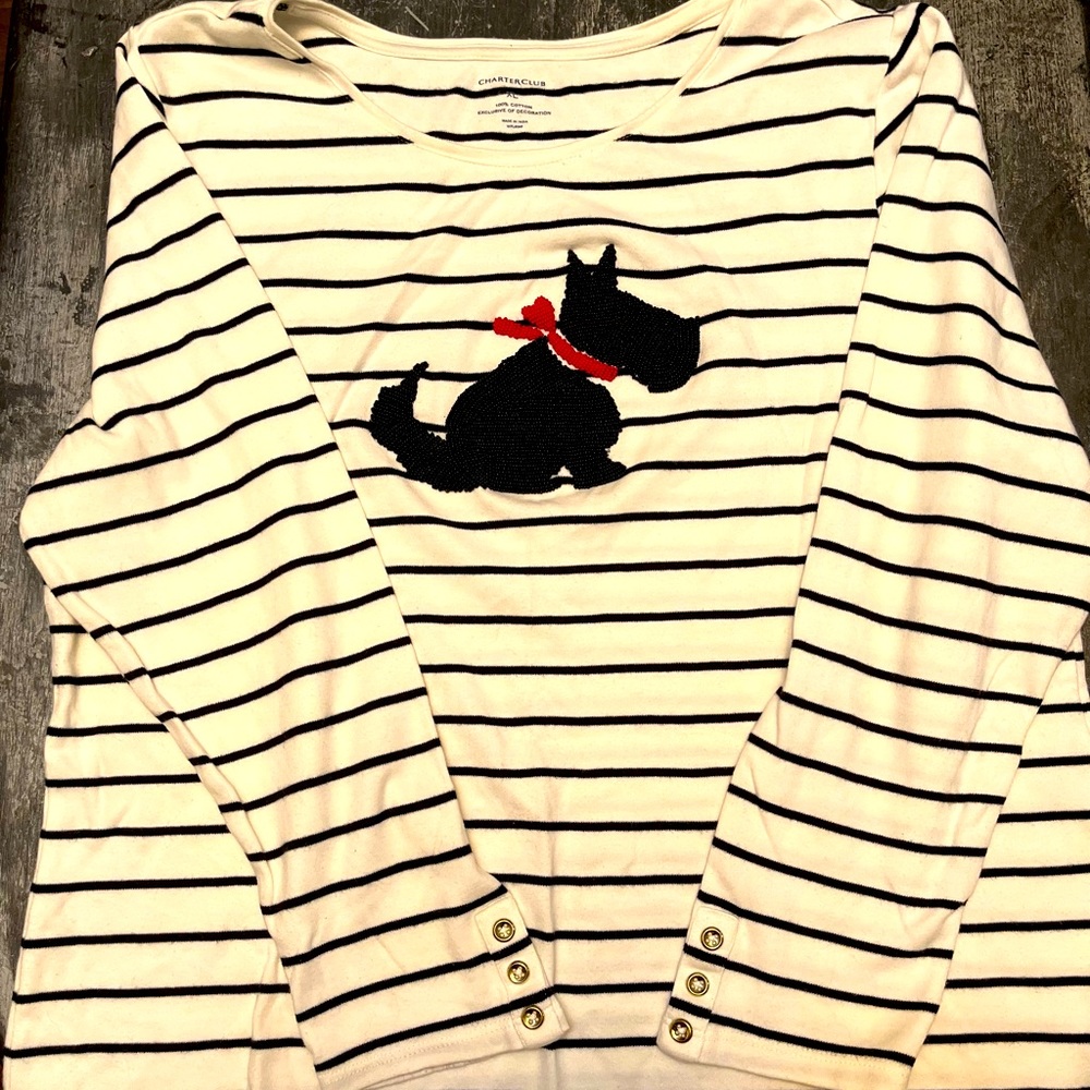 Women’s XL long sleeve shirt by Charter Club. White with black stripe. Beaded.